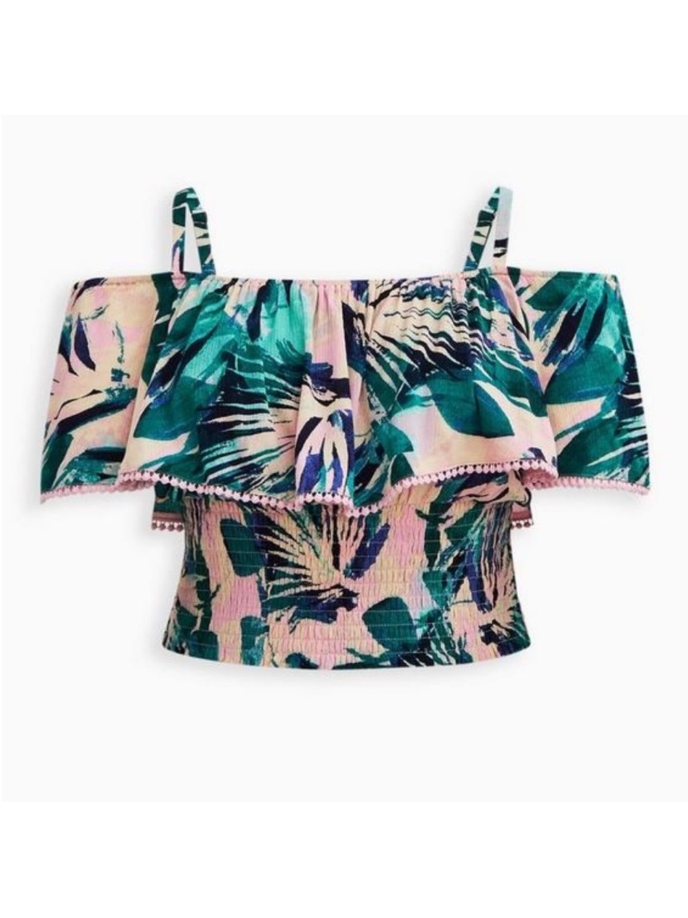 torrid Pink & Teal Tropical Off-Shoulder Smocked Camisole